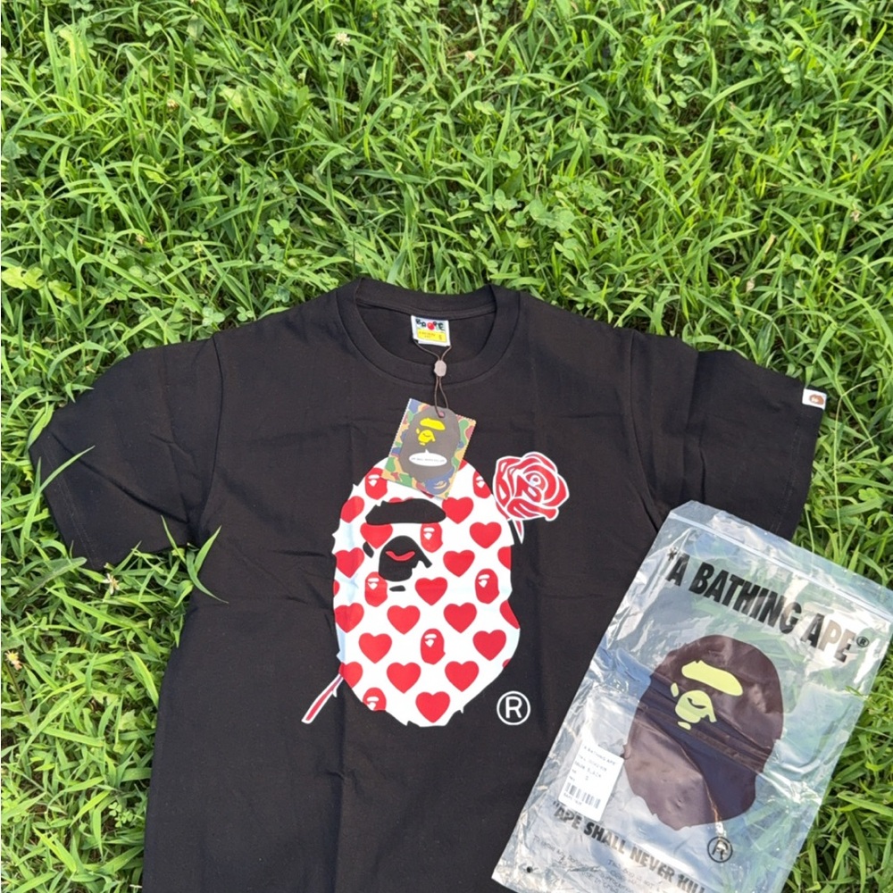 Bape Black Tee with Red Heart Print